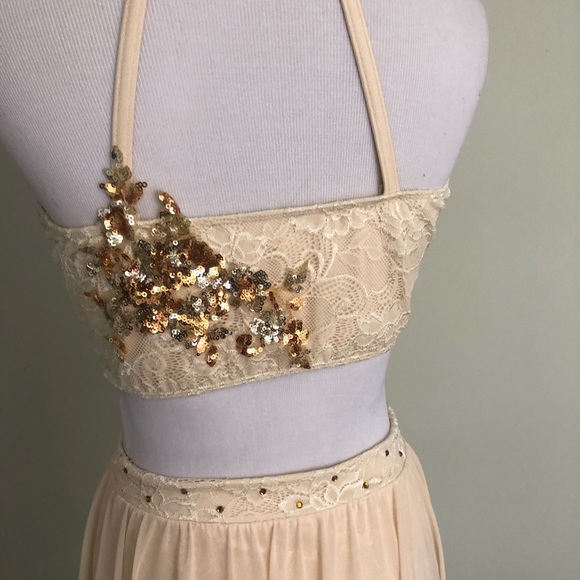 ART STONE Custom lyrical two piece dance costume Gold & Cream - Picture 5 of 6